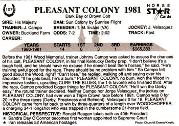 1991 Horse Star Kentucky Derby #107 Pleasant Colony Back